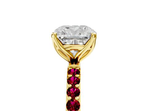 Yellow gold Cushion Cut Diamond Solitaire Engagement Ring with Round with Garnet side stone Pavé Band and Prong Setting_5
