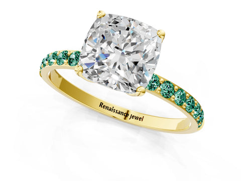 Yellow gold Cushion Cut Diamond Solitaire Engagement Ring with Round with Green Sapphire side stone Pavé Band and Prong Setting_1