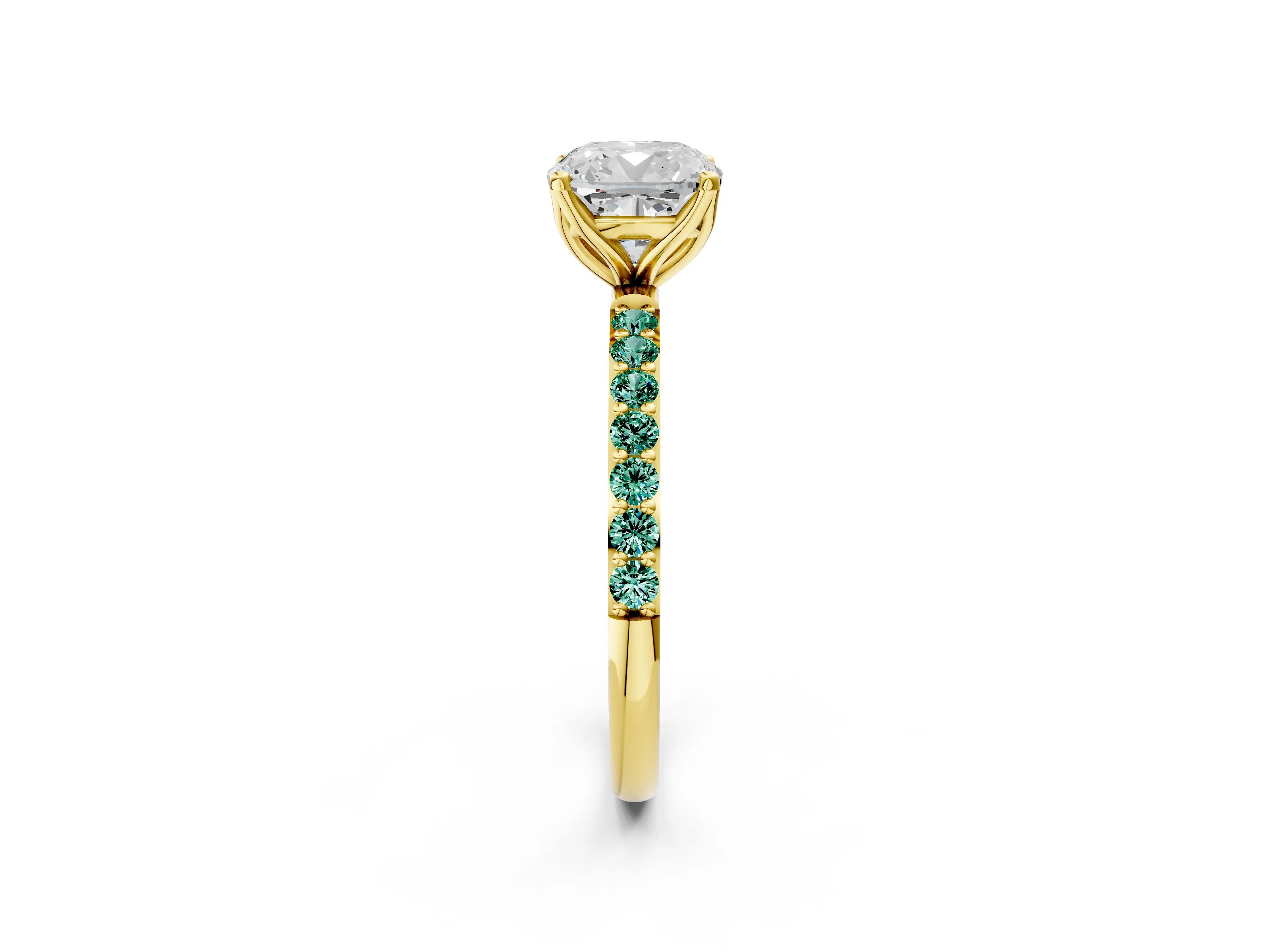 Yellow gold Cushion Cut Diamond Solitaire Engagement Ring with Round with Green Sapphire side stone Pavé Band and Prong Setting_2