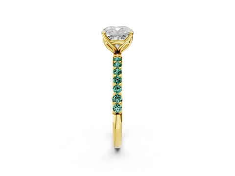 Yellow gold Cushion Cut Diamond Solitaire Engagement Ring with Round with Green Sapphire side stone Pavé Band and Prong Setting_2