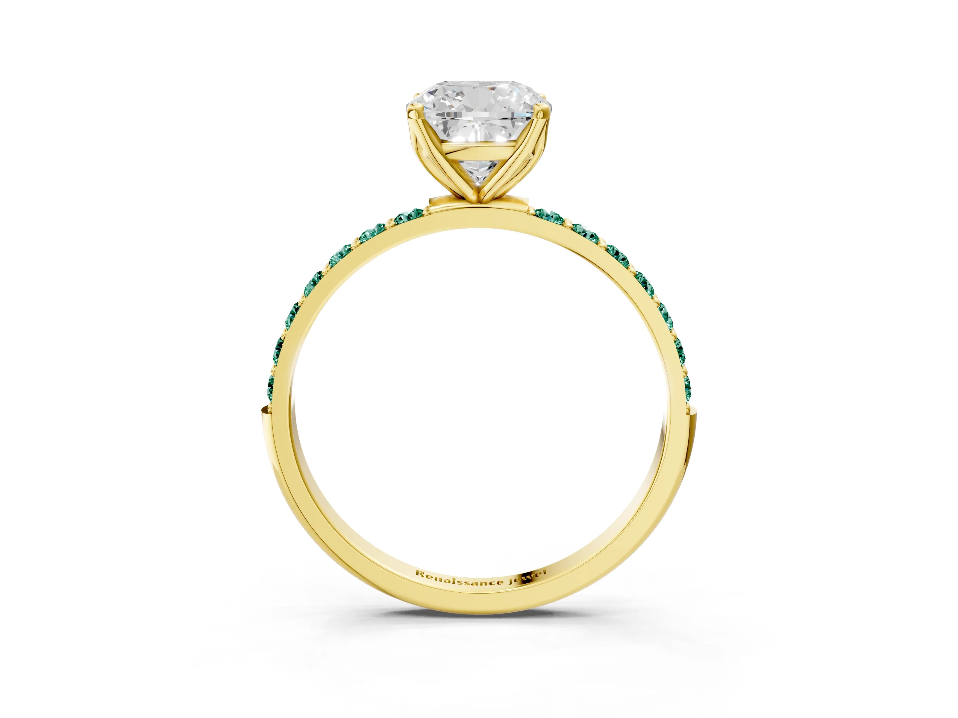 Yellow gold Cushion Cut Diamond Solitaire Engagement Ring with Round with Green Sapphire side stone Pavé Band and Prong Setting_3