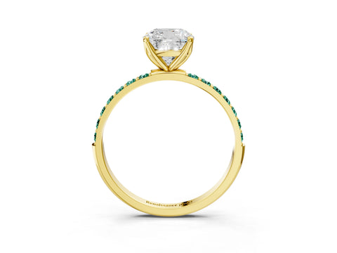 Yellow gold Cushion Cut Diamond Solitaire Engagement Ring with Round with Green Sapphire side stone Pavé Band and Prong Setting_3