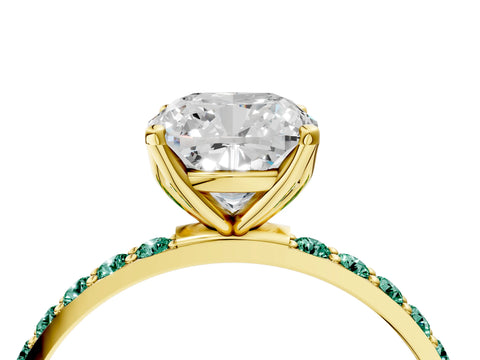 Yellow gold Cushion Cut Diamond Solitaire Engagement Ring with Round with Green Sapphire side stone Pavé Band and Prong Setting_4