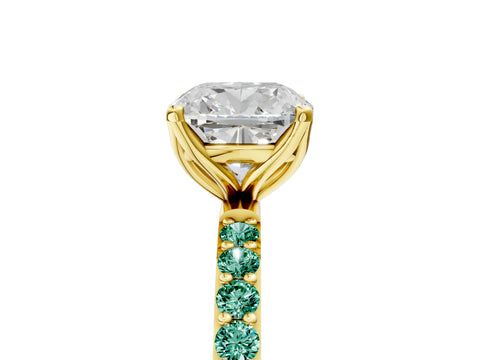Yellow gold Cushion Cut Diamond Solitaire Engagement Ring with Round with Green Sapphire side stone Pavé Band and Prong Setting_5