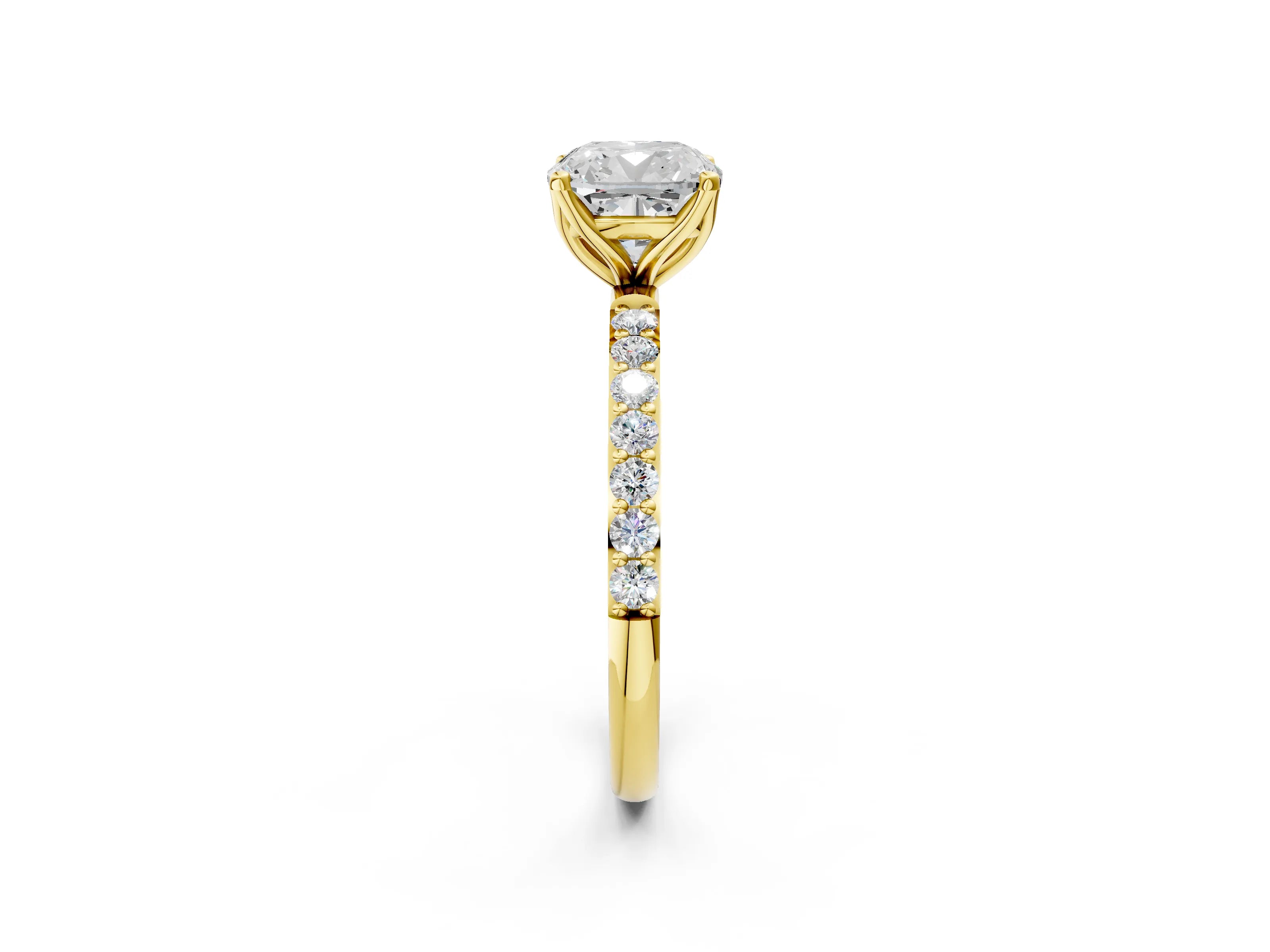 Yellow gold Cushion Cut Diamond Solitaire Engagement Ring with Round with Moissanite side stone Pavé Band and Prong Setting_2