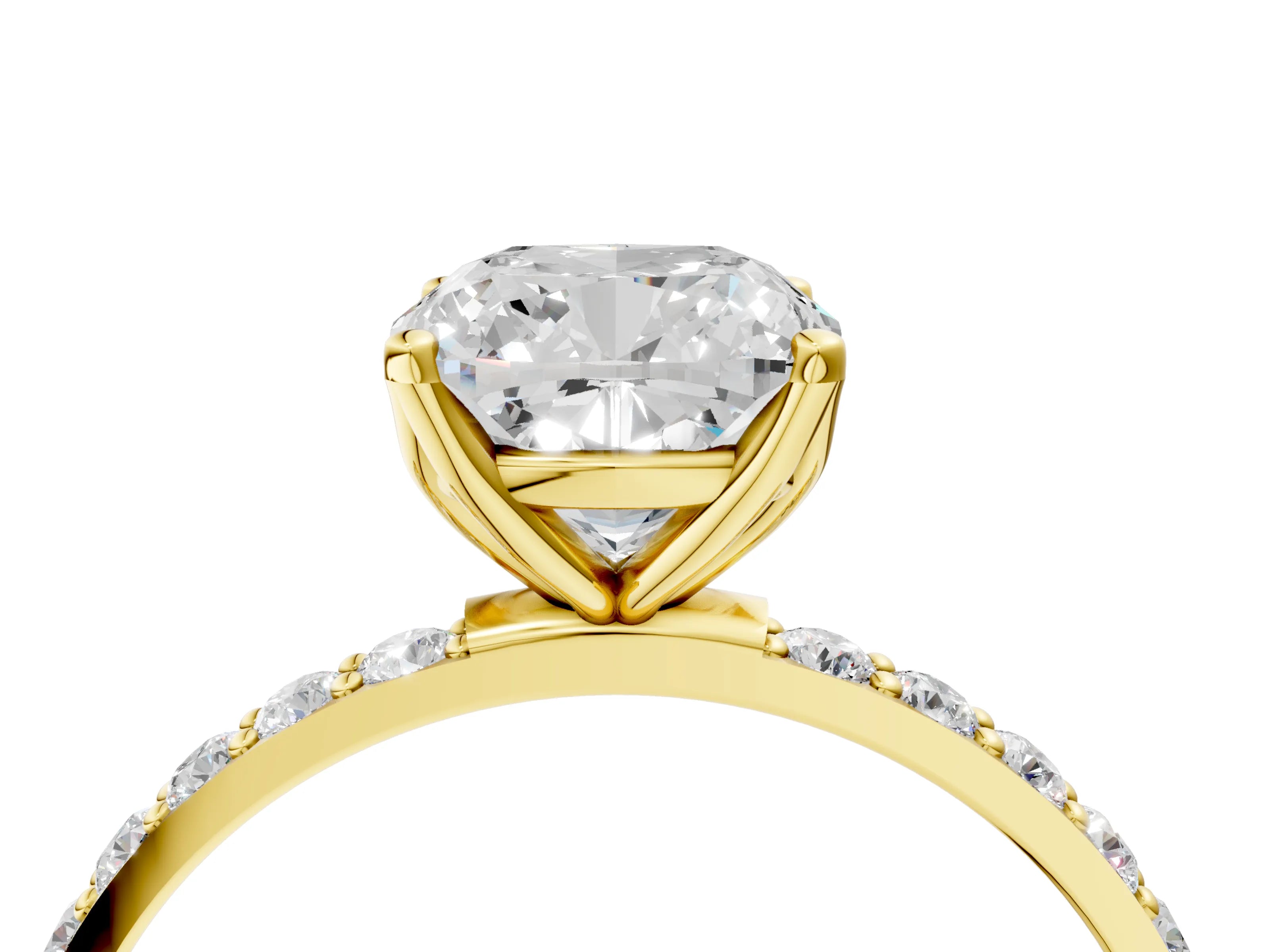 Yellow gold Cushion Cut Diamond Solitaire Engagement Ring with Round with Moissanite side stone Pavé Band and Prong Setting_4