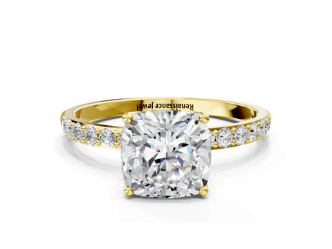 Yellow gold Cushion Cut Diamond Solitaire Engagement Ring with Round with Moissanite side stone Pavé Band and Prong Setting