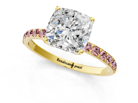 Yellow gold Cushion Cut Diamond Solitaire Engagement Ring with Round with Morganite side stone Pavé Band and Prong Setting_1