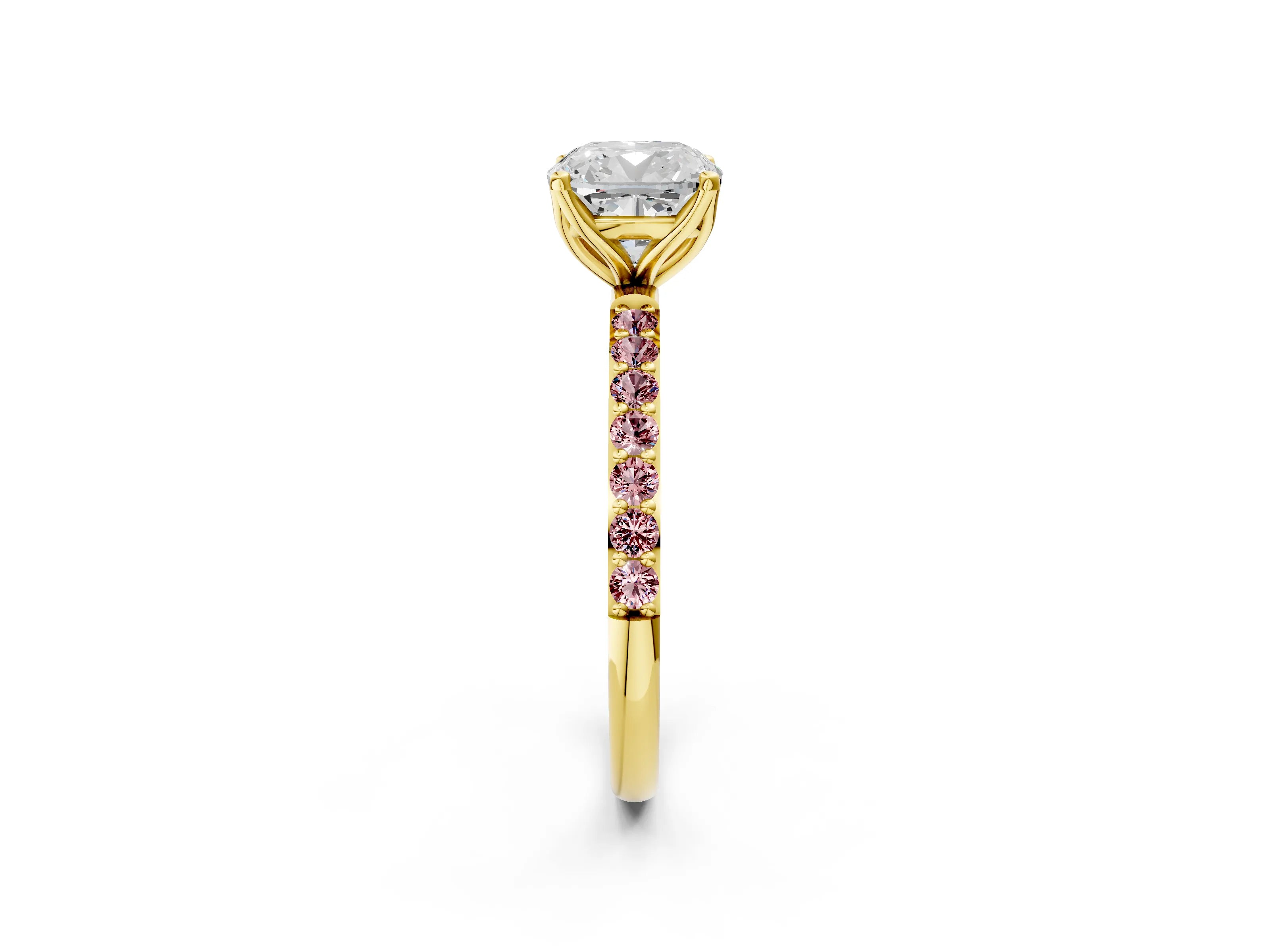 Yellow gold Cushion Cut Diamond Solitaire Engagement Ring with Round with Morganite side stone Pavé Band and Prong Setting_2