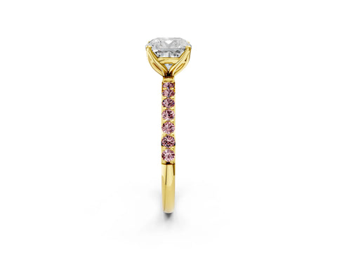 Yellow gold Cushion Cut Diamond Solitaire Engagement Ring with Round with Morganite side stone Pavé Band and Prong Setting_2