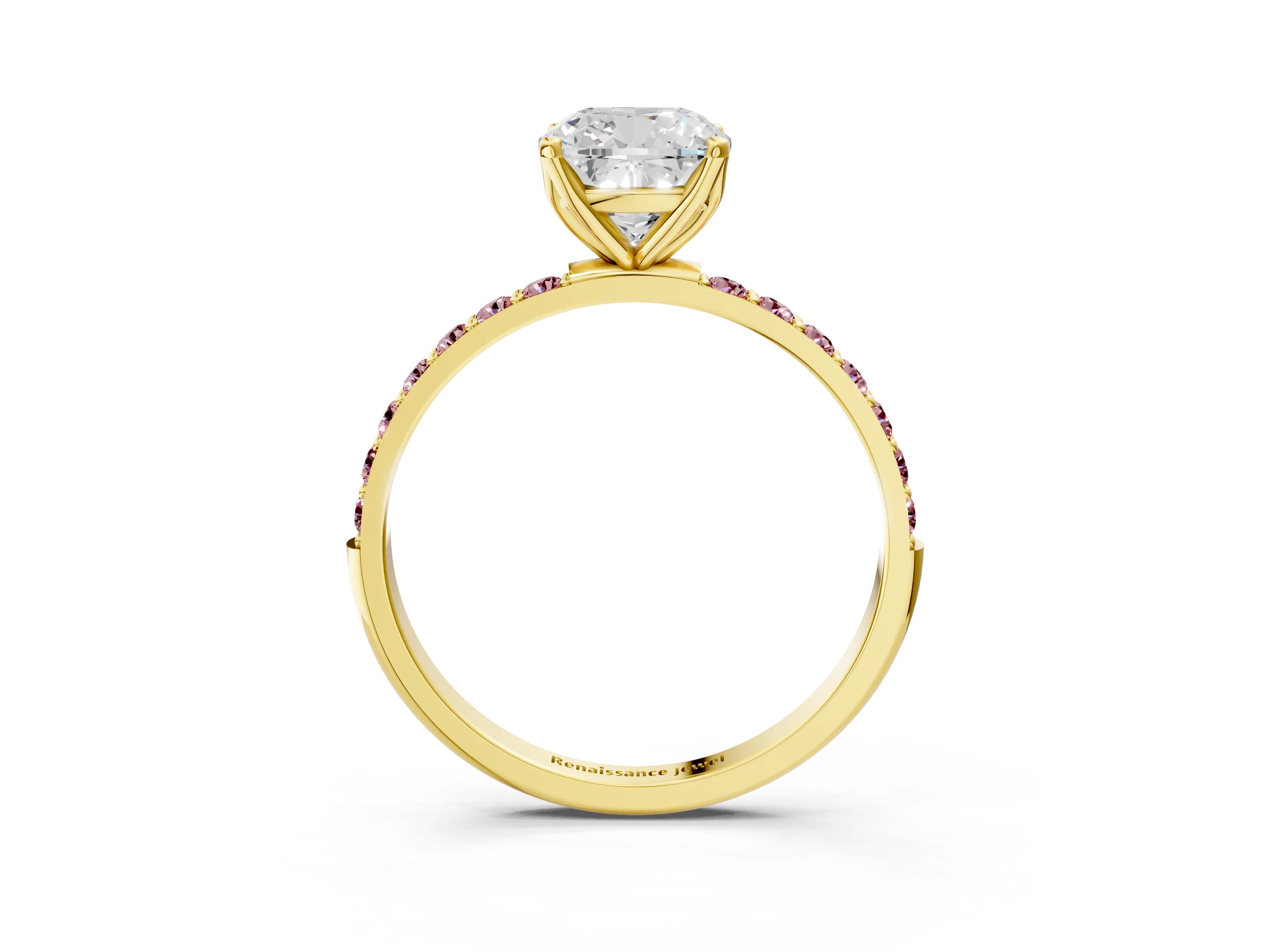 Yellow gold Cushion Cut Diamond Solitaire Engagement Ring with Round with Morganite side stone Pavé Band and Prong Setting_3