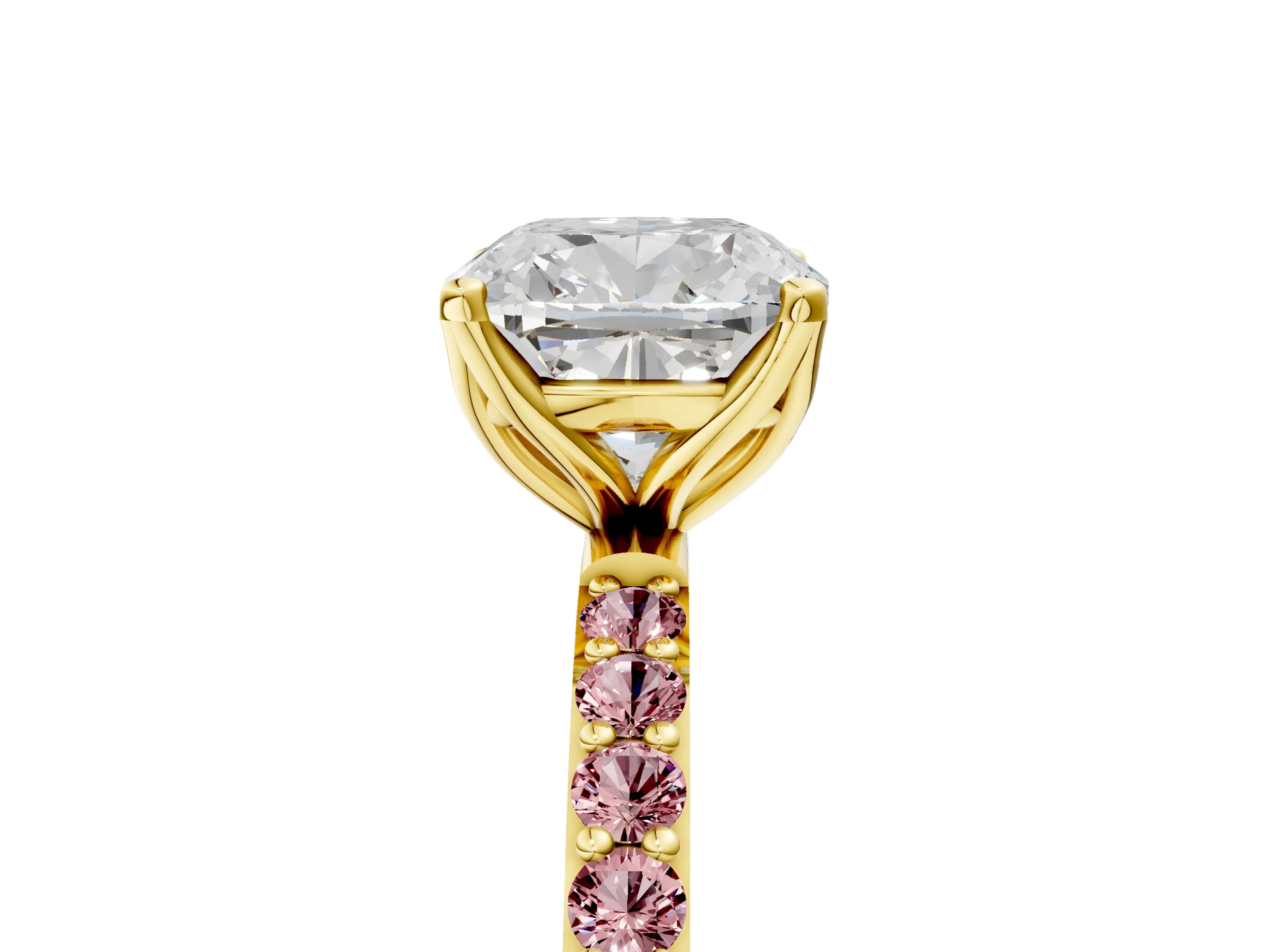 Yellow gold Cushion Cut Diamond Solitaire Engagement Ring with Round with Morganite side stone Pavé Band and Prong Setting_5