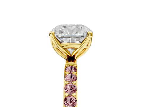 Yellow gold Cushion Cut Diamond Solitaire Engagement Ring with Round with Morganite side stone Pavé Band and Prong Setting_5