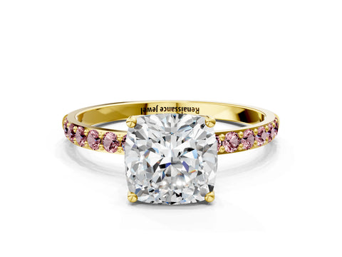 Yellow gold Cushion Cut Diamond Solitaire Engagement Ring with Round with Morganite side stone Pavé Band and Prong Setting