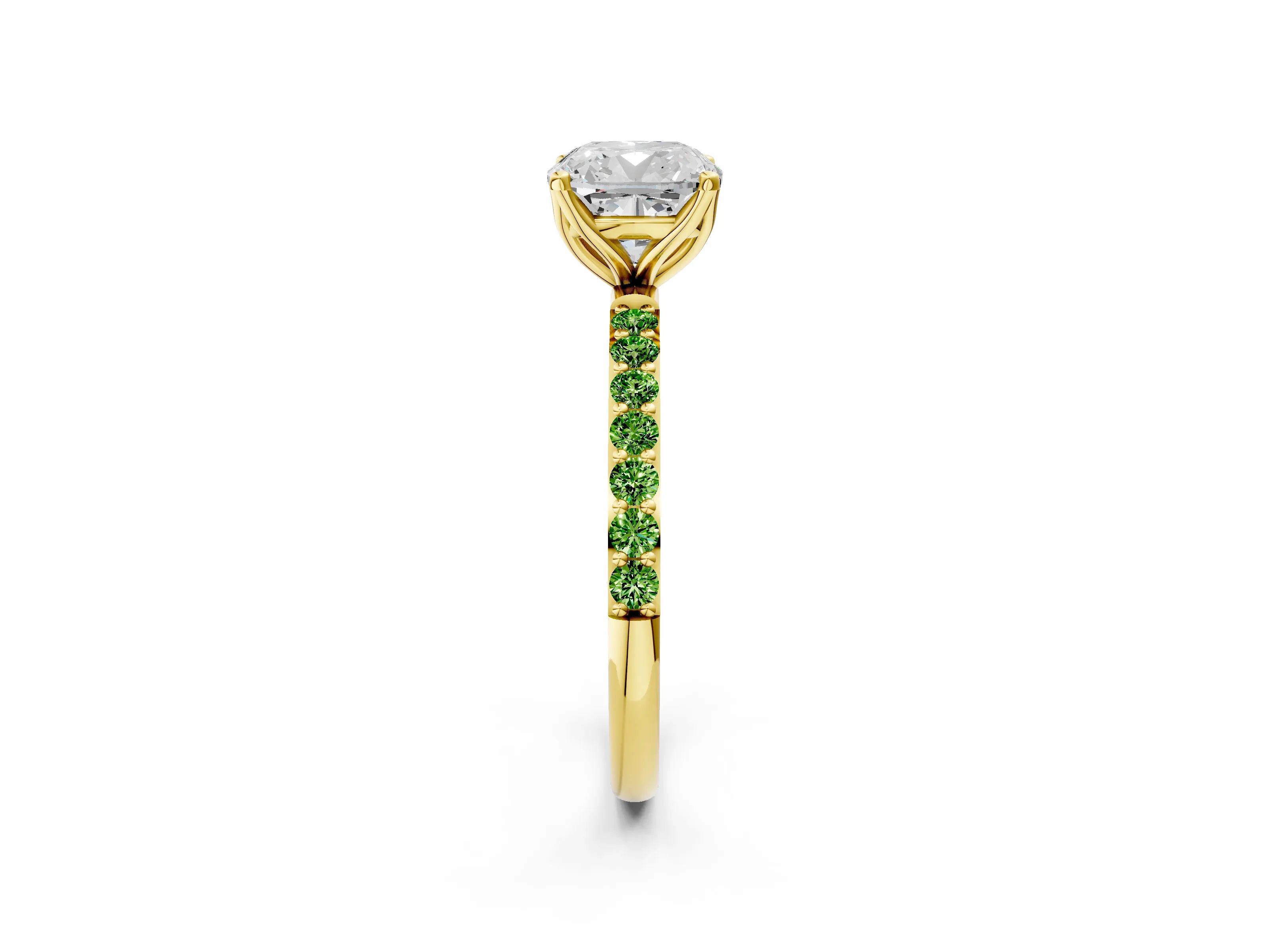 Yellow gold Cushion Cut Diamond Solitaire Engagement Ring with Round with Peridot side stone Pavé Band and Prong Setting_2