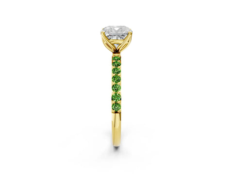 Yellow gold Cushion Cut Diamond Solitaire Engagement Ring with Round with Peridot side stone Pavé Band and Prong Setting_2
