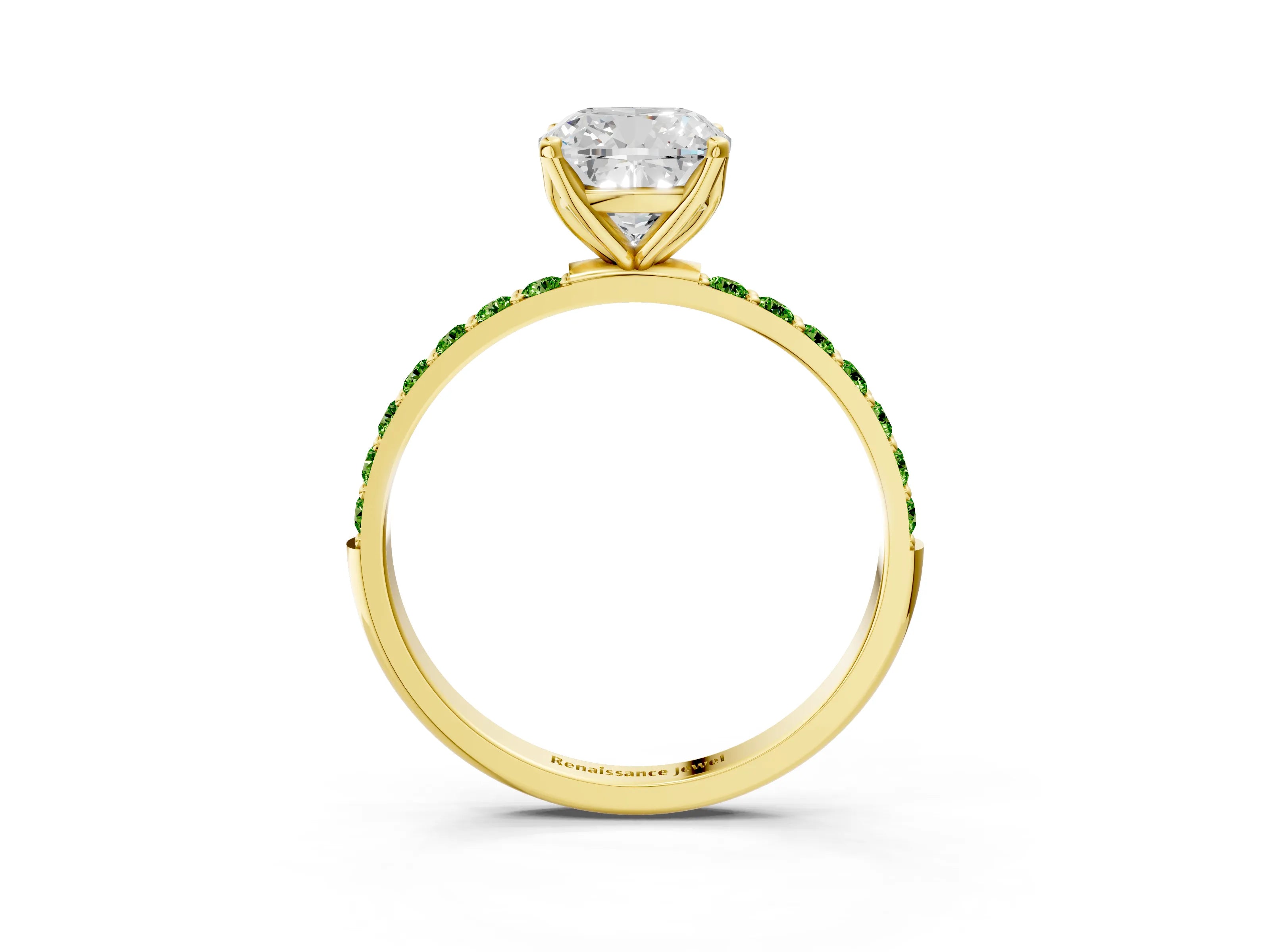Yellow gold Cushion Cut Diamond Solitaire Engagement Ring with Round with Peridot side stone Pavé Band and Prong Setting_3