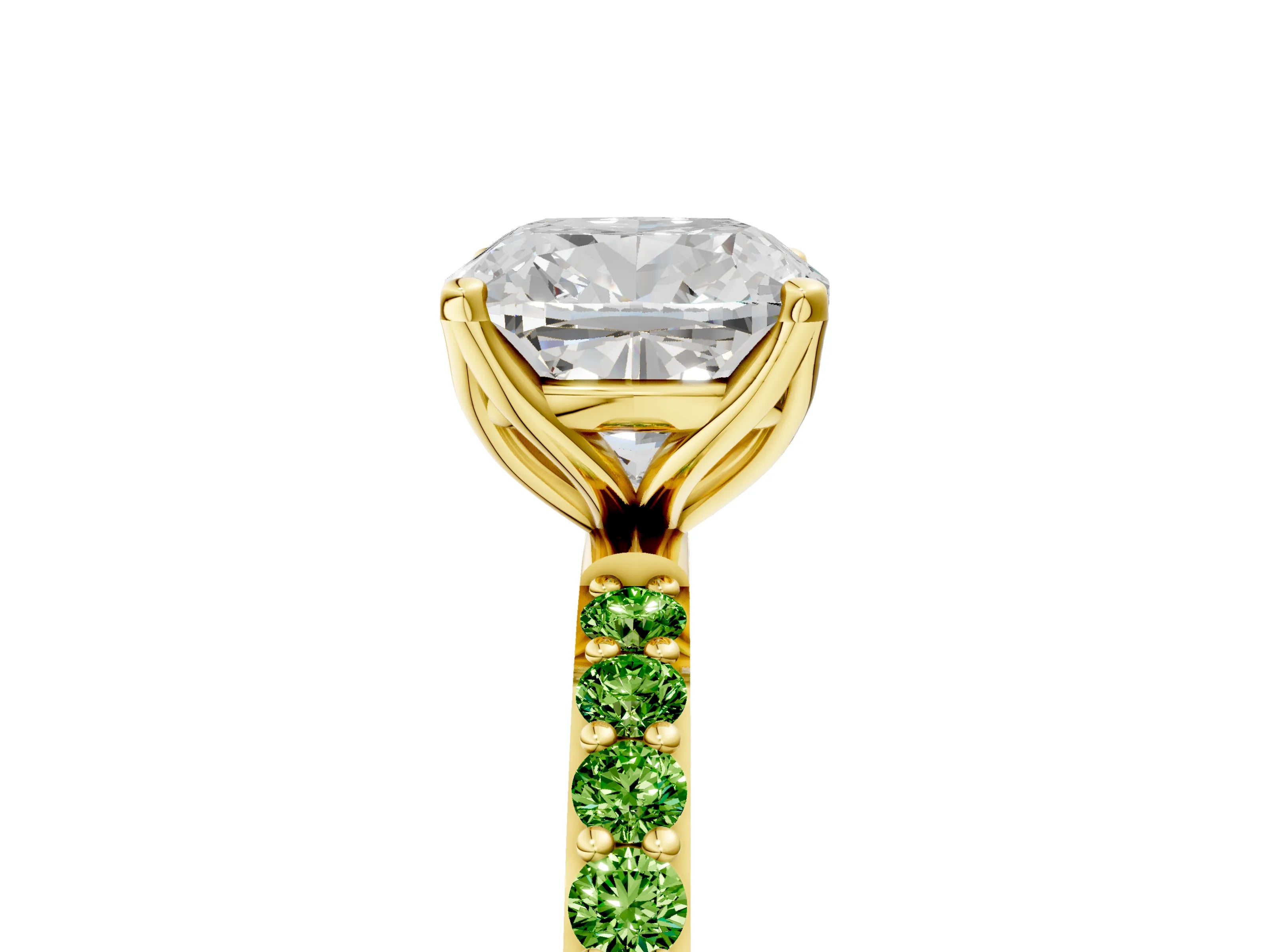 Yellow gold Cushion Cut Diamond Solitaire Engagement Ring with Round with Peridot side stone Pavé Band and Prong Setting_5