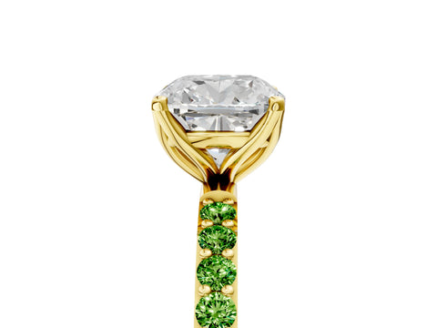 Yellow gold Cushion Cut Diamond Solitaire Engagement Ring with Round with Peridot side stone Pavé Band and Prong Setting_5