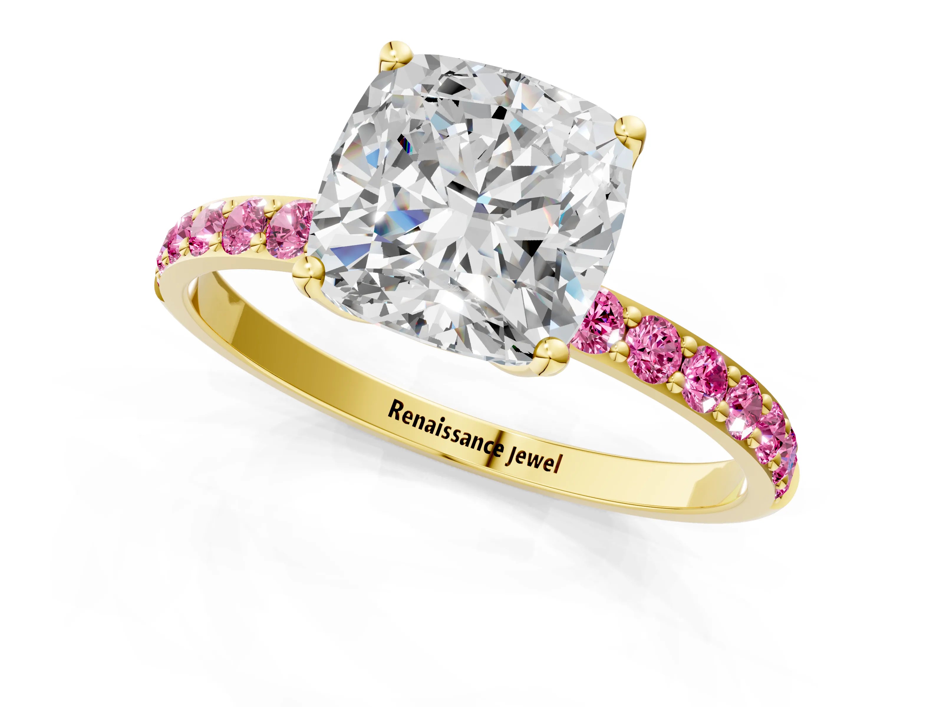 Yellow gold Cushion Cut Diamond Solitaire Engagement Ring with Round with Pink Sapphire side stone Pavé Band and Prong Setting_1