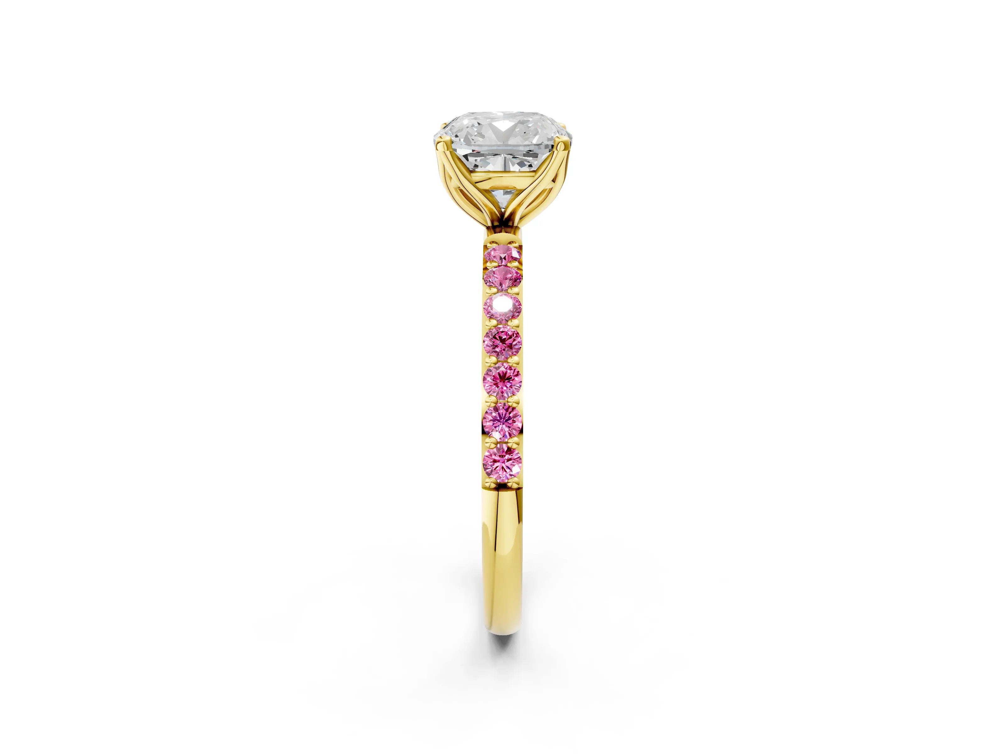 Yellow gold Cushion Cut Diamond Solitaire Engagement Ring with Round with Pink Sapphire side stone Pavé Band and Prong Setting_2