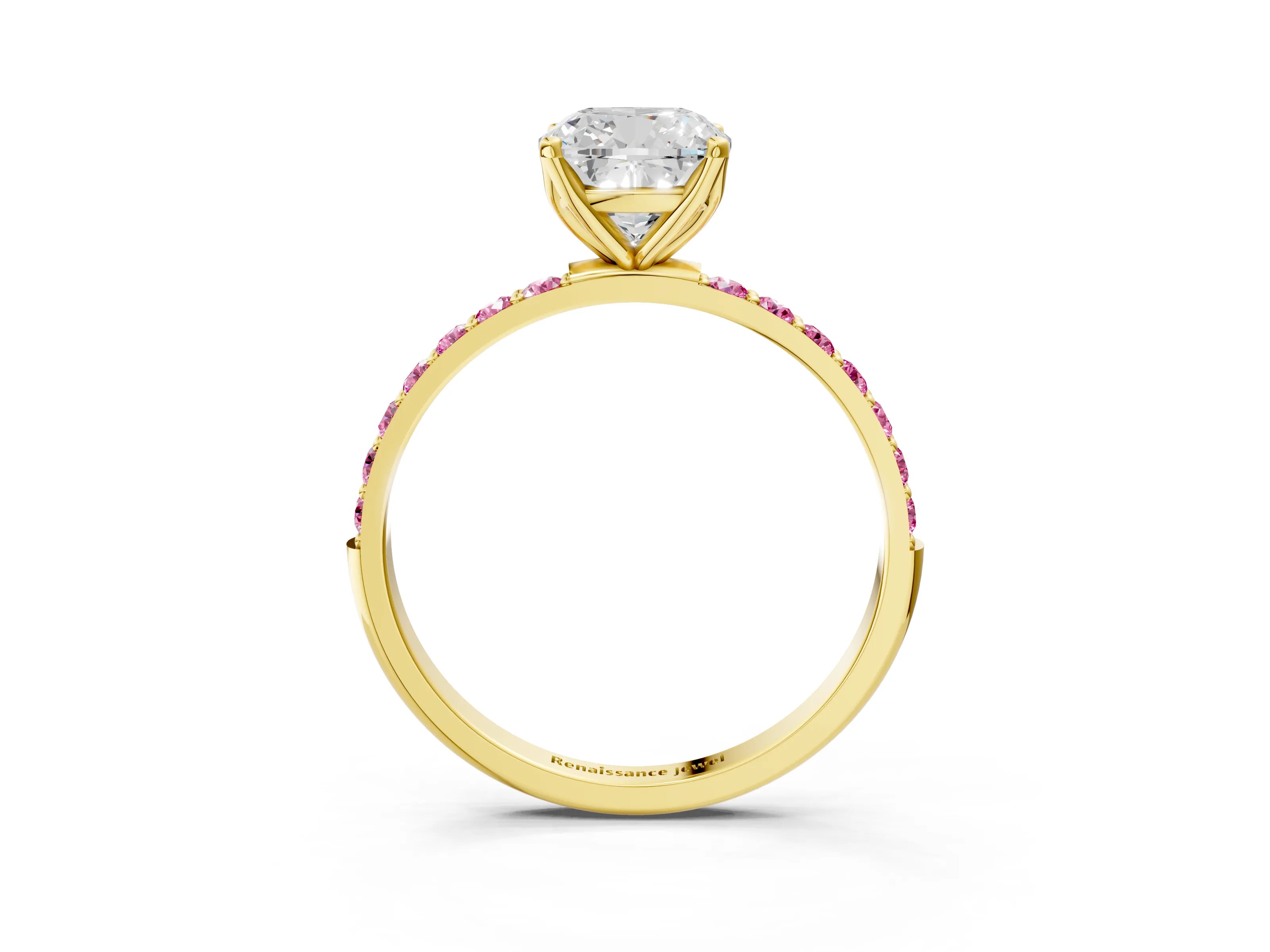 Yellow gold Cushion Cut Diamond Solitaire Engagement Ring with Round with Pink Sapphire side stone Pavé Band and Prong Setting_3