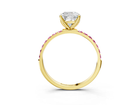 Yellow gold Cushion Cut Diamond Solitaire Engagement Ring with Round with Pink Sapphire side stone Pavé Band and Prong Setting_3