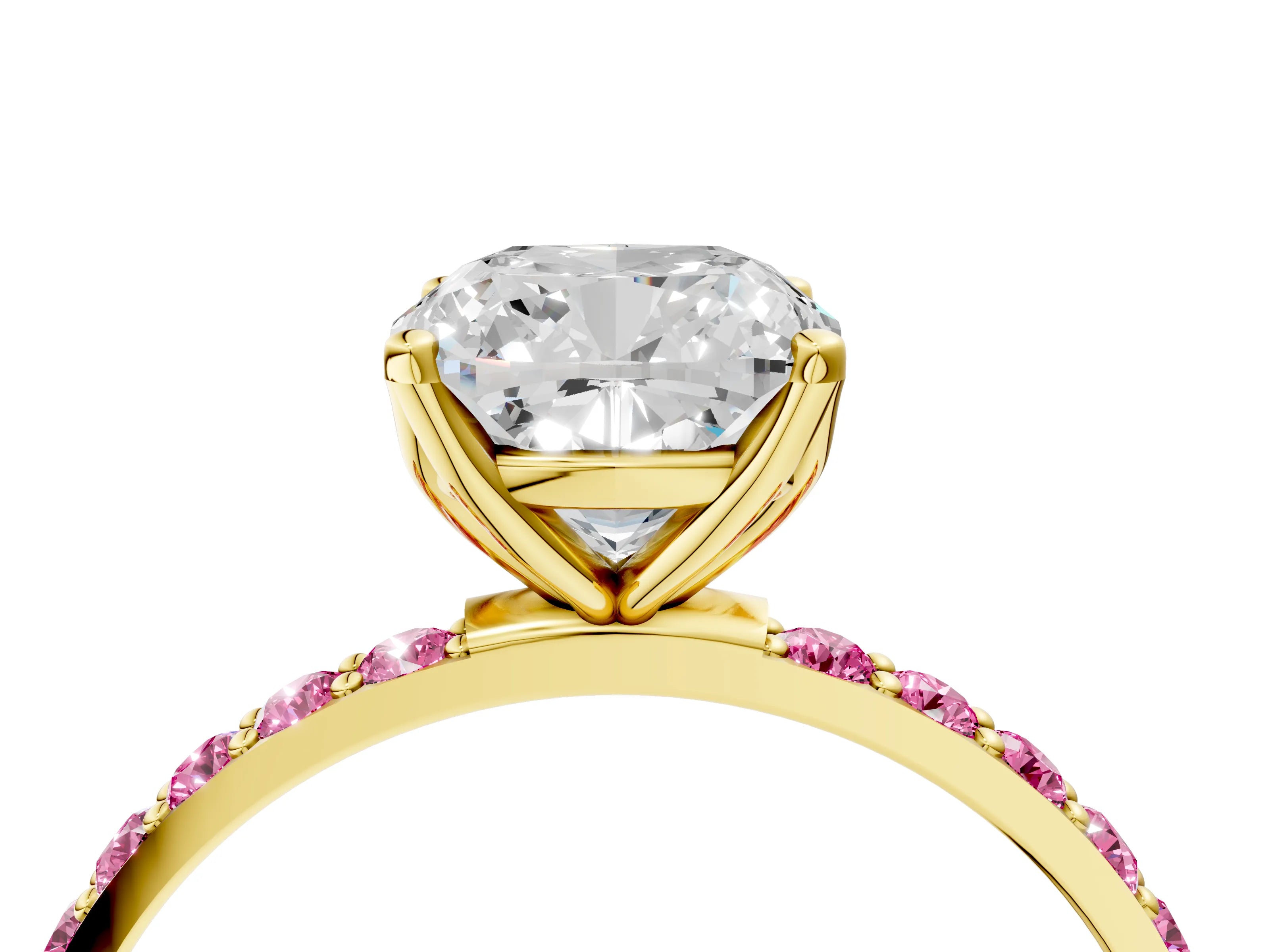 Yellow gold Cushion Cut Diamond Solitaire Engagement Ring with Round with Pink Sapphire side stone Pavé Band and Prong Setting_4