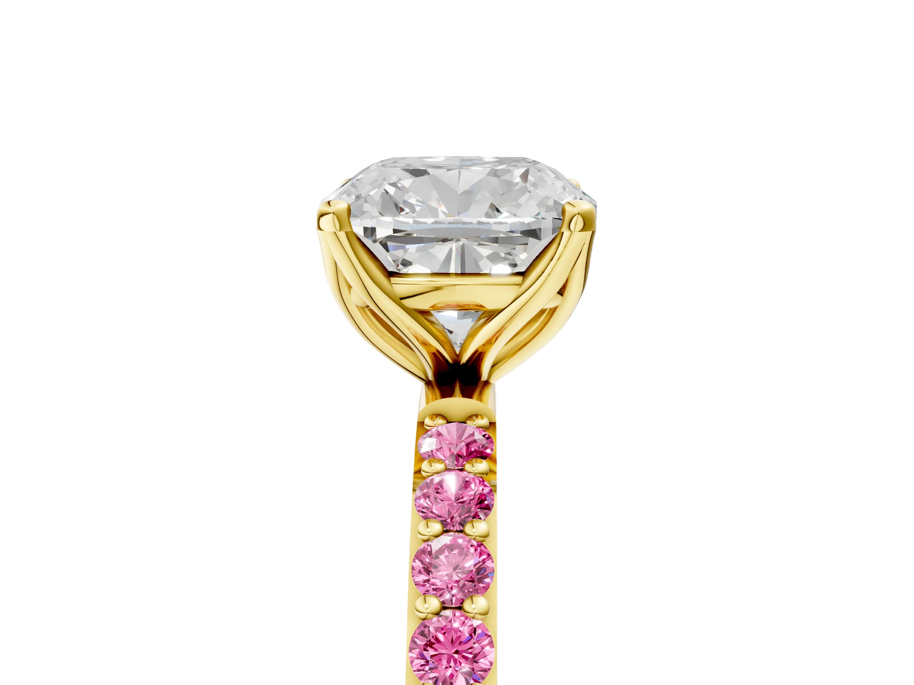 Yellow gold Cushion Cut Diamond Solitaire Engagement Ring with Round with Pink Sapphire side stone Pavé Band and Prong Setting_5