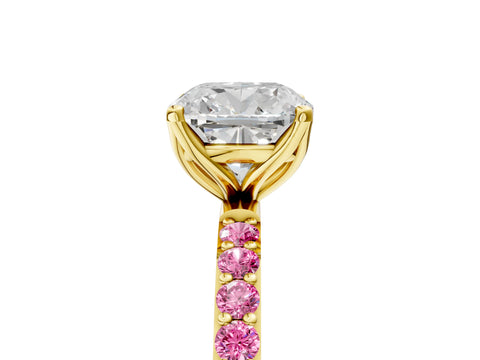 Yellow gold Cushion Cut Diamond Solitaire Engagement Ring with Round with Pink Sapphire side stone Pavé Band and Prong Setting_5