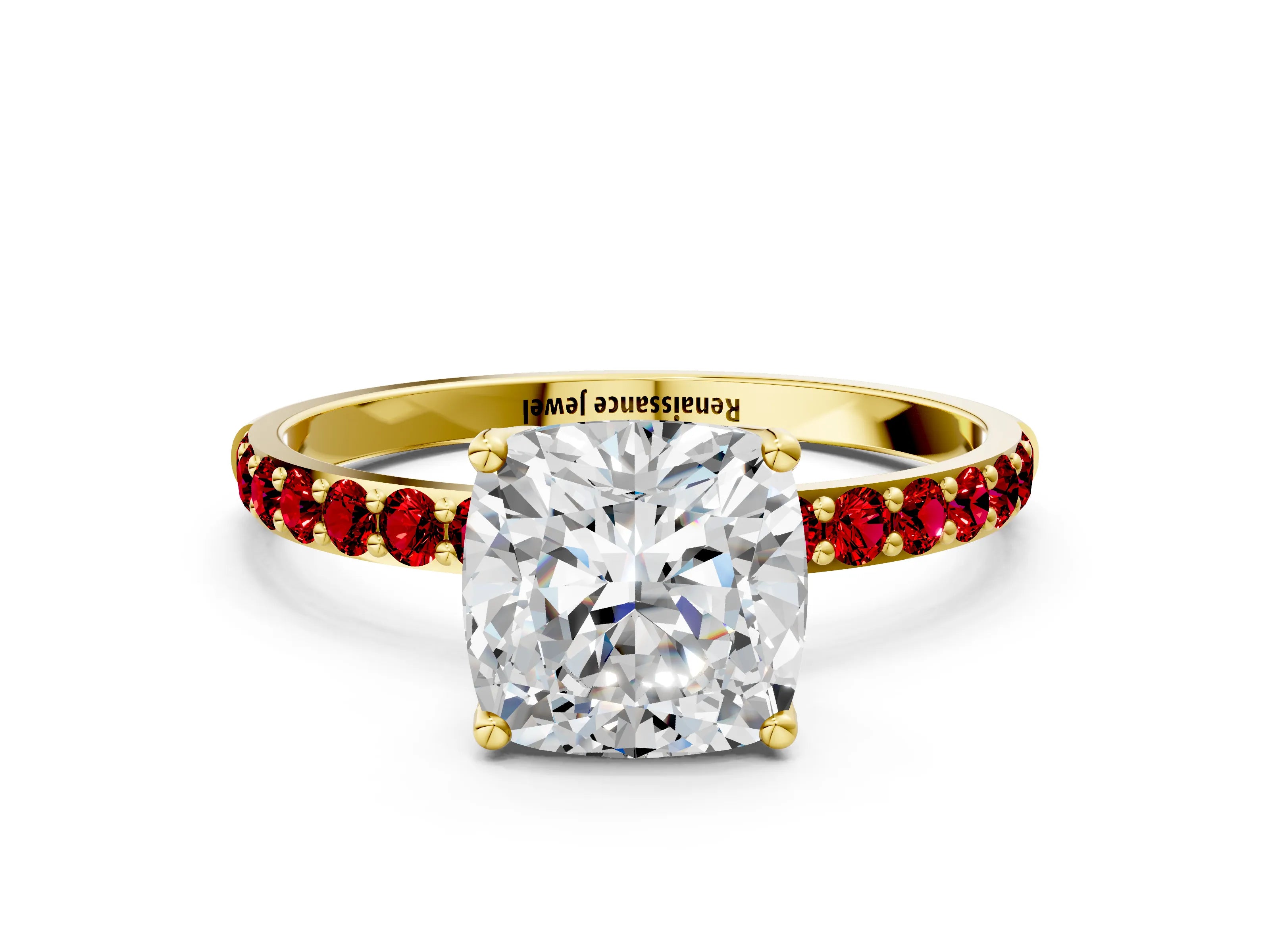 Yellow gold Cushion Cut Diamond Solitaire Engagement Ring with Round with Ruby side stone Pavé Band and Prong Setting