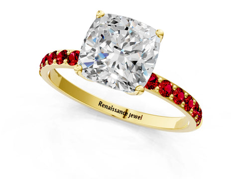 Yellow gold Cushion Cut Diamond Solitaire Engagement Ring with Round with Ruby side stone Pavé Band and Prong Setting_1