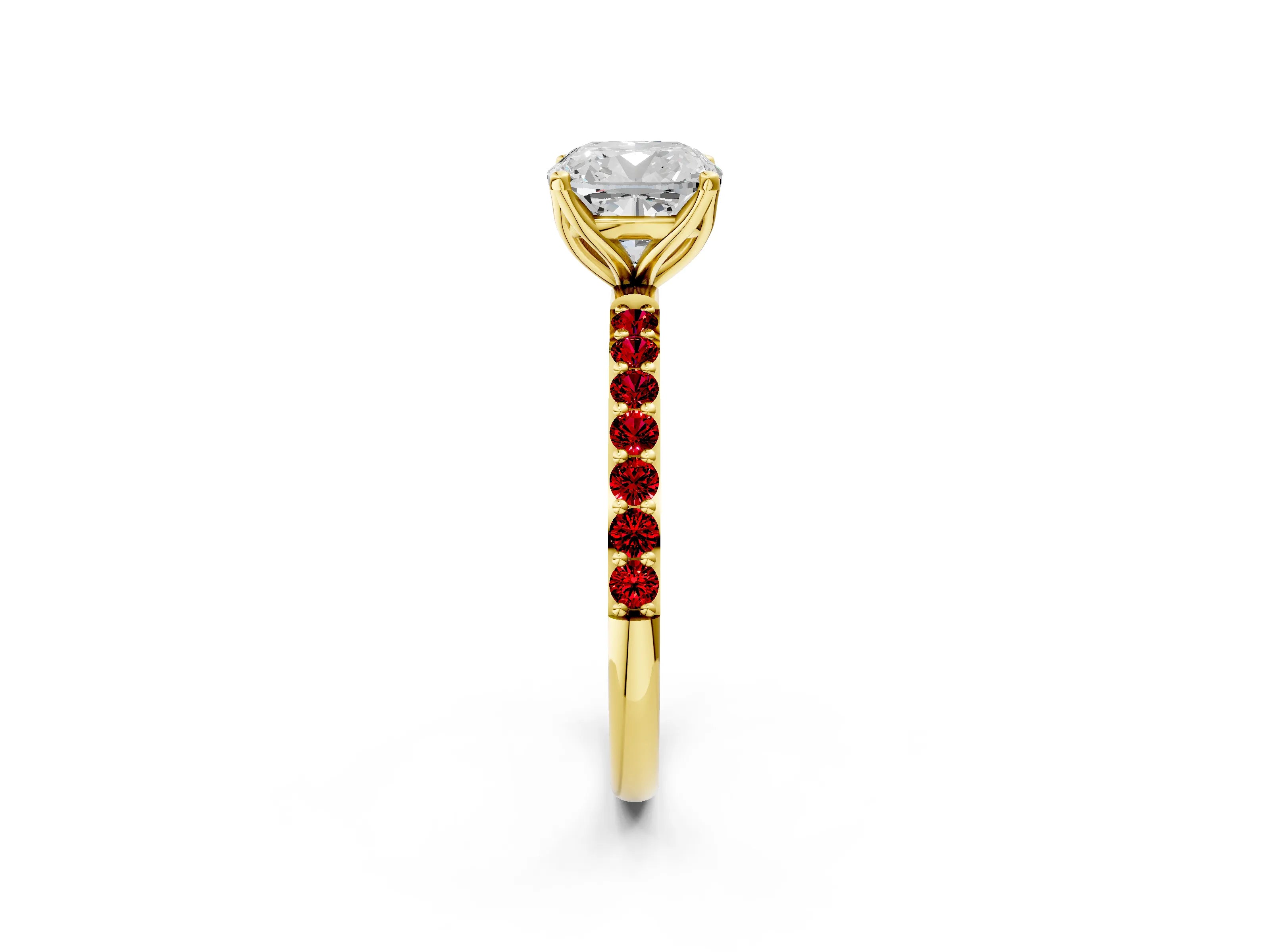 Yellow gold Cushion Cut Diamond Solitaire Engagement Ring with Round with Ruby side stone Pavé Band and Prong Setting_2