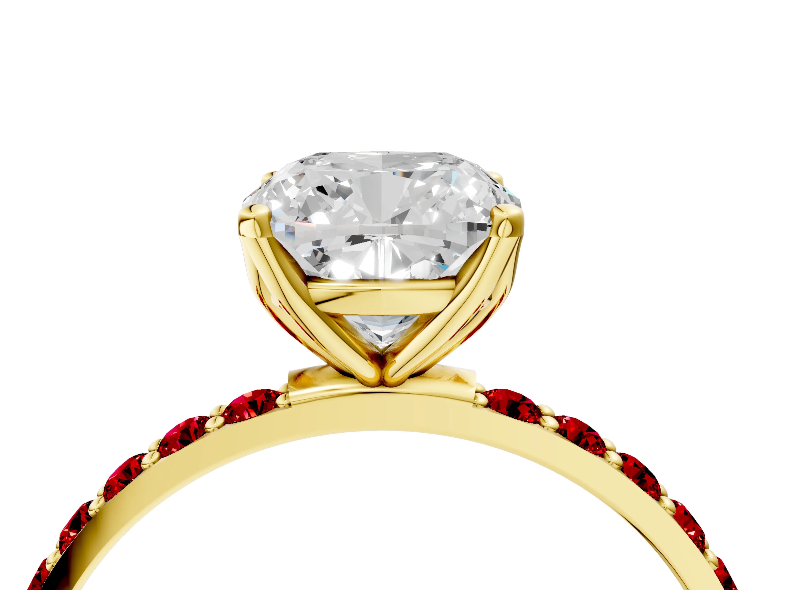 Yellow gold Cushion Cut Diamond Solitaire Engagement Ring with Round with Ruby side stone Pavé Band and Prong Setting_4