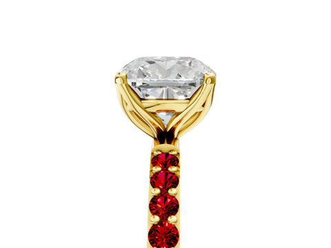 Yellow gold Cushion Cut Diamond Solitaire Engagement Ring with Round with Ruby side stone Pavé Band and Prong Setting_5