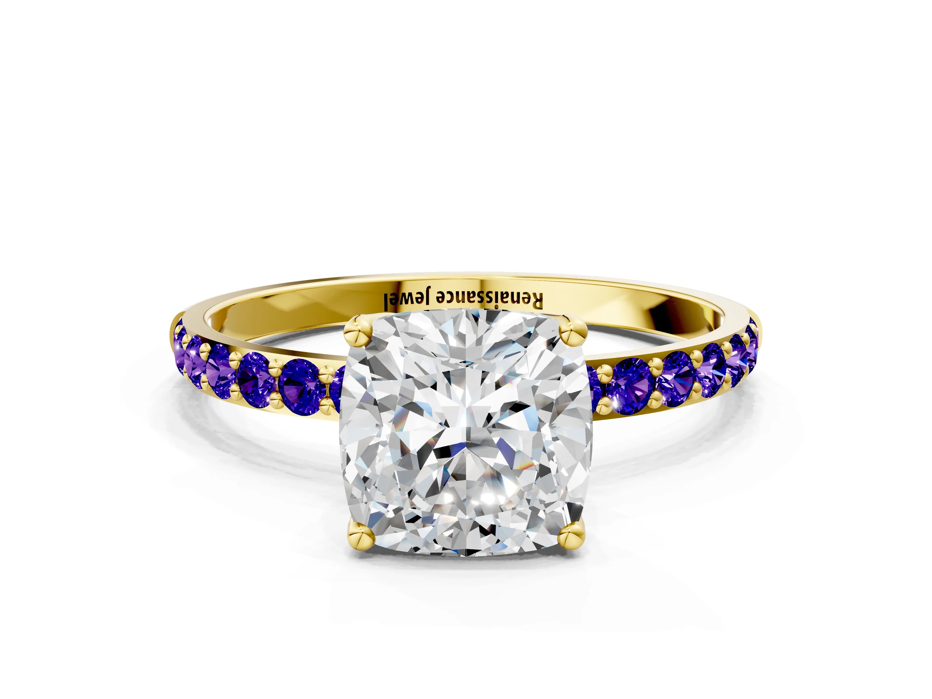 Yellow gold Cushion Cut Diamond Solitaire Engagement Ring with Round with Tanzanite side stone Pavé Band and Prong Setting