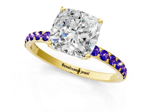 Yellow gold Cushion Cut Diamond Solitaire Engagement Ring with Round with Tanzanite side stone Pavé Band and Prong Setting_1