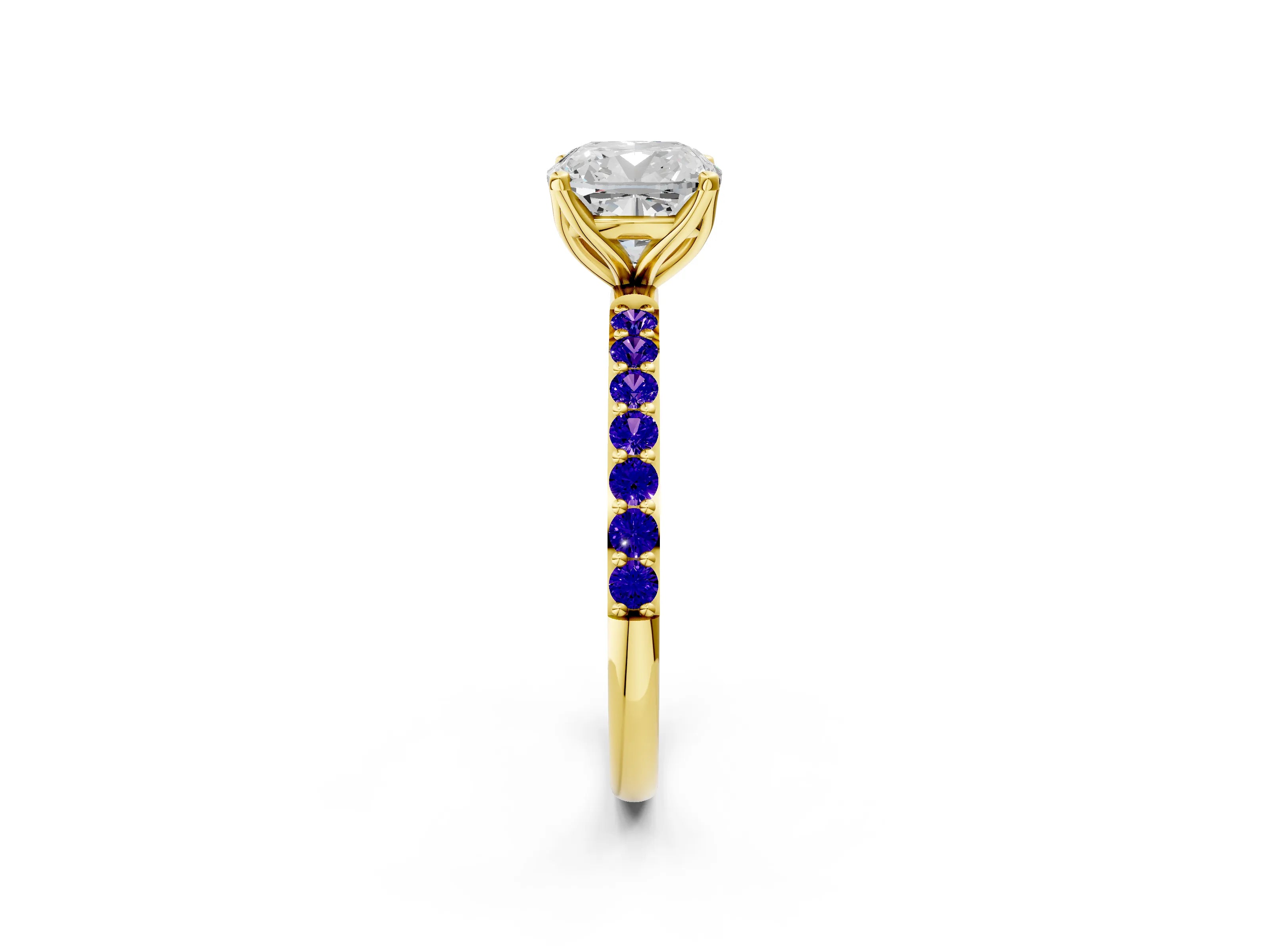Yellow gold Cushion Cut Diamond Solitaire Engagement Ring with Round with Tanzanite side stone Pavé Band and Prong Setting_2