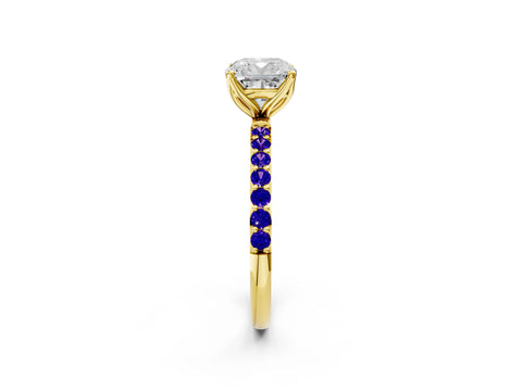 Yellow gold Cushion Cut Diamond Solitaire Engagement Ring with Round with Tanzanite side stone Pavé Band and Prong Setting_2