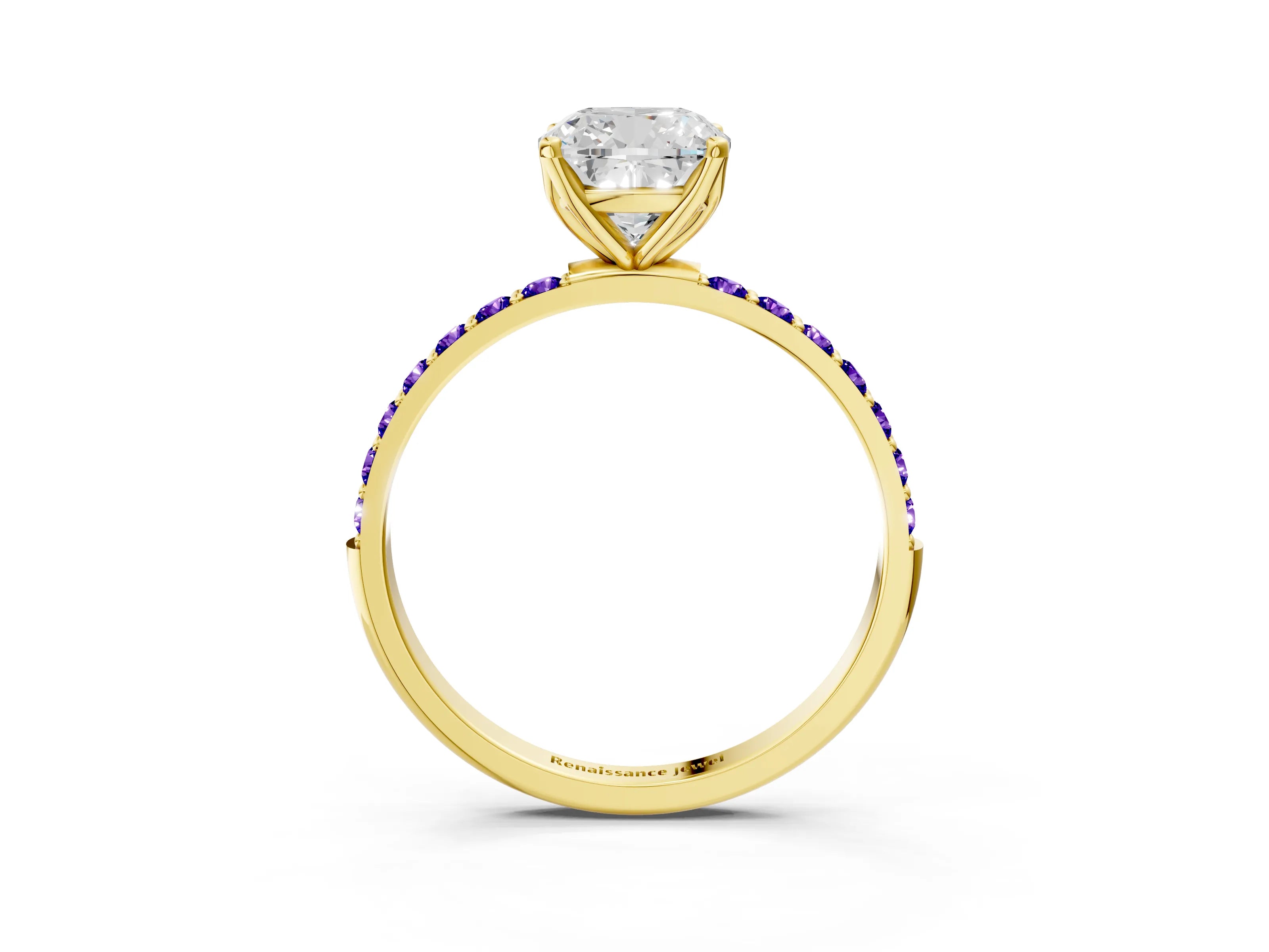 Yellow gold Cushion Cut Diamond Solitaire Engagement Ring with Round with Tanzanite side stone Pavé Band and Prong Setting_3