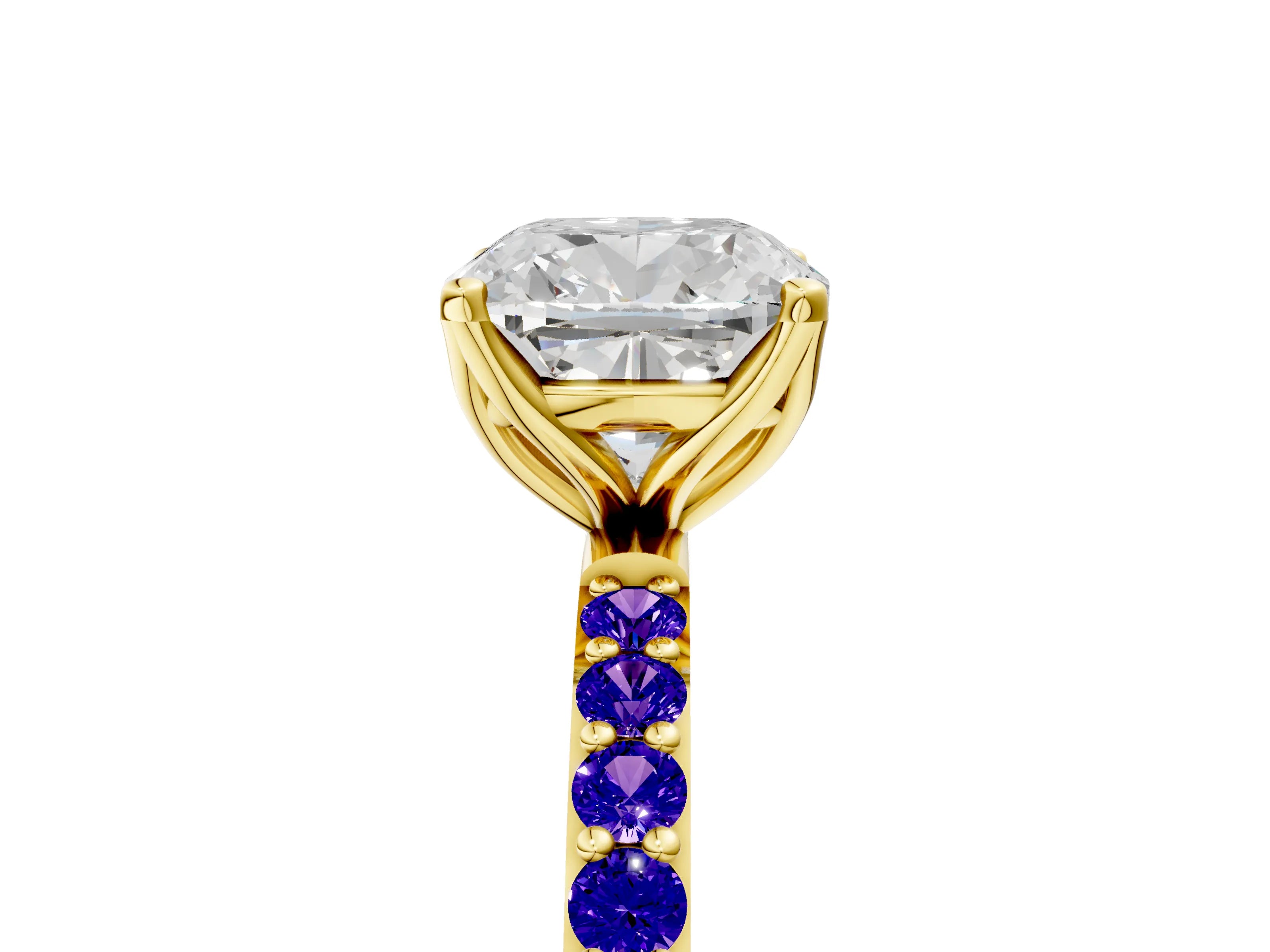Yellow gold Cushion Cut Diamond Solitaire Engagement Ring with Round with Tanzanite side stone Pavé Band and Prong Setting_5