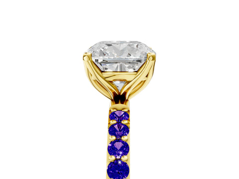 Yellow gold Cushion Cut Diamond Solitaire Engagement Ring with Round with Tanzanite side stone Pavé Band and Prong Setting_5