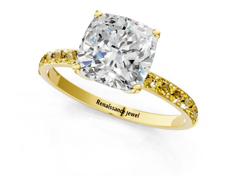 Yellow gold Cushion Cut Diamond Solitaire Engagement Ring with Round with Yellow Sapphire side stone Pavé Band and Prong Setting_1