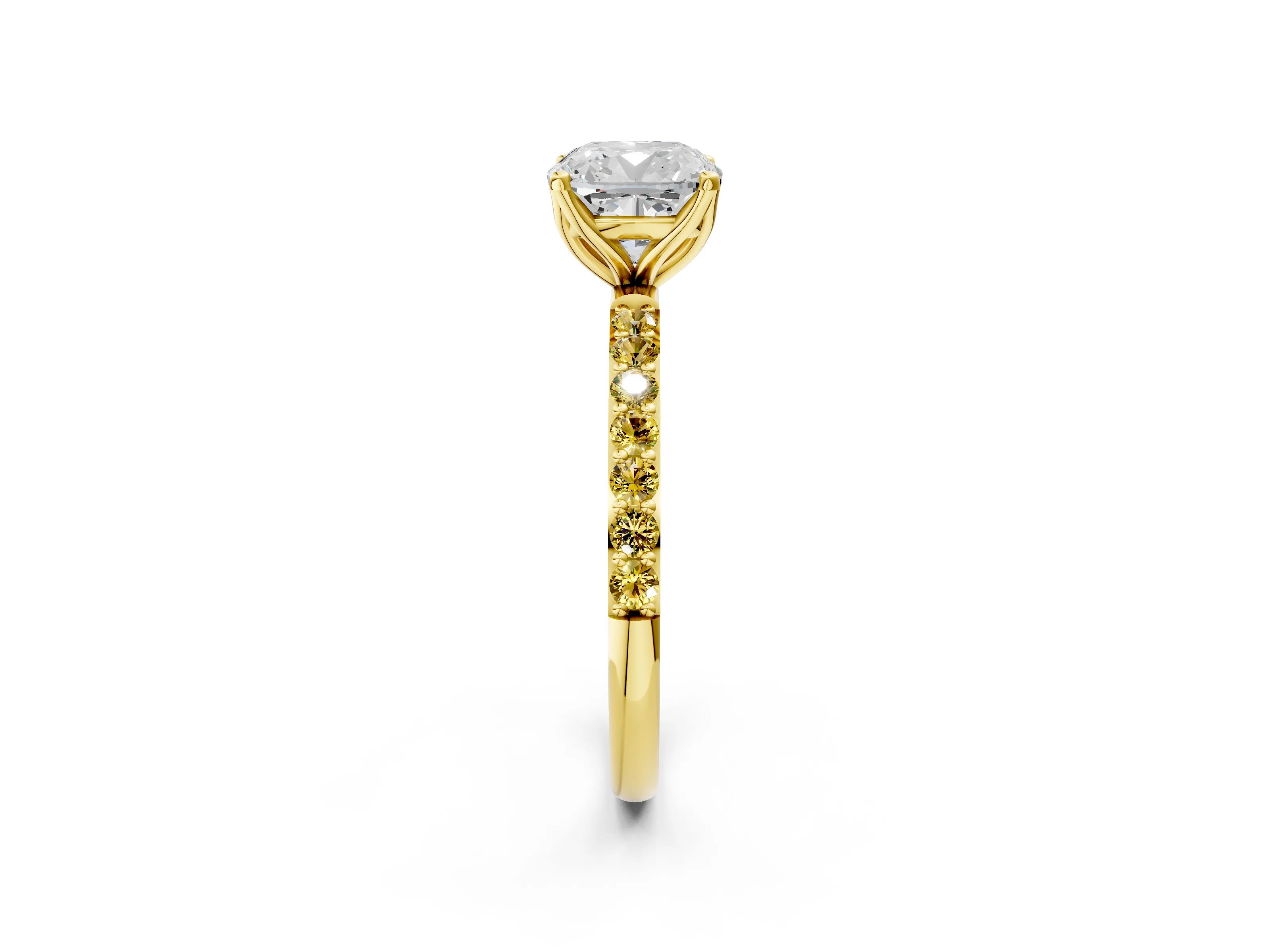Yellow gold Cushion Cut Diamond Solitaire Engagement Ring with Round with Yellow Sapphire side stone Pavé Band and Prong Setting_2
