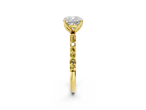 Yellow gold Cushion Cut Diamond Solitaire Engagement Ring with Round with Yellow Sapphire side stone Pavé Band and Prong Setting_2