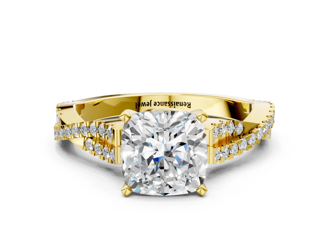 Yellow gold Cushion Cut Diamond Solitaire Engagement Ring with Twisted Pavé Band and Four-Prong Setting_50