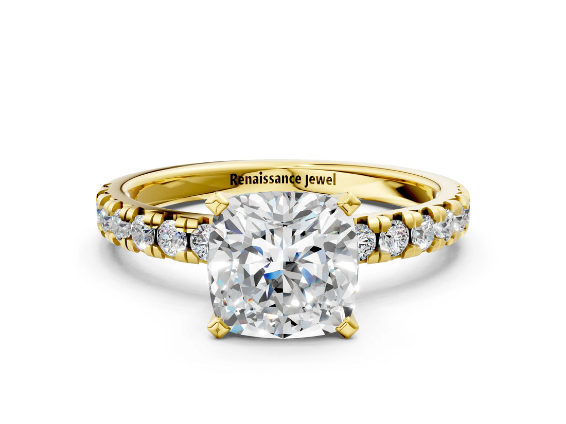 Yellow gold Cushion Cut Diamond Solitaire Pavé Engagement Ring with Round Band and Prong Setting_68