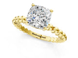 Yellow gold Cushion Cut Diamond Solitaire Ring with Beaded Band and Prong Setting_311