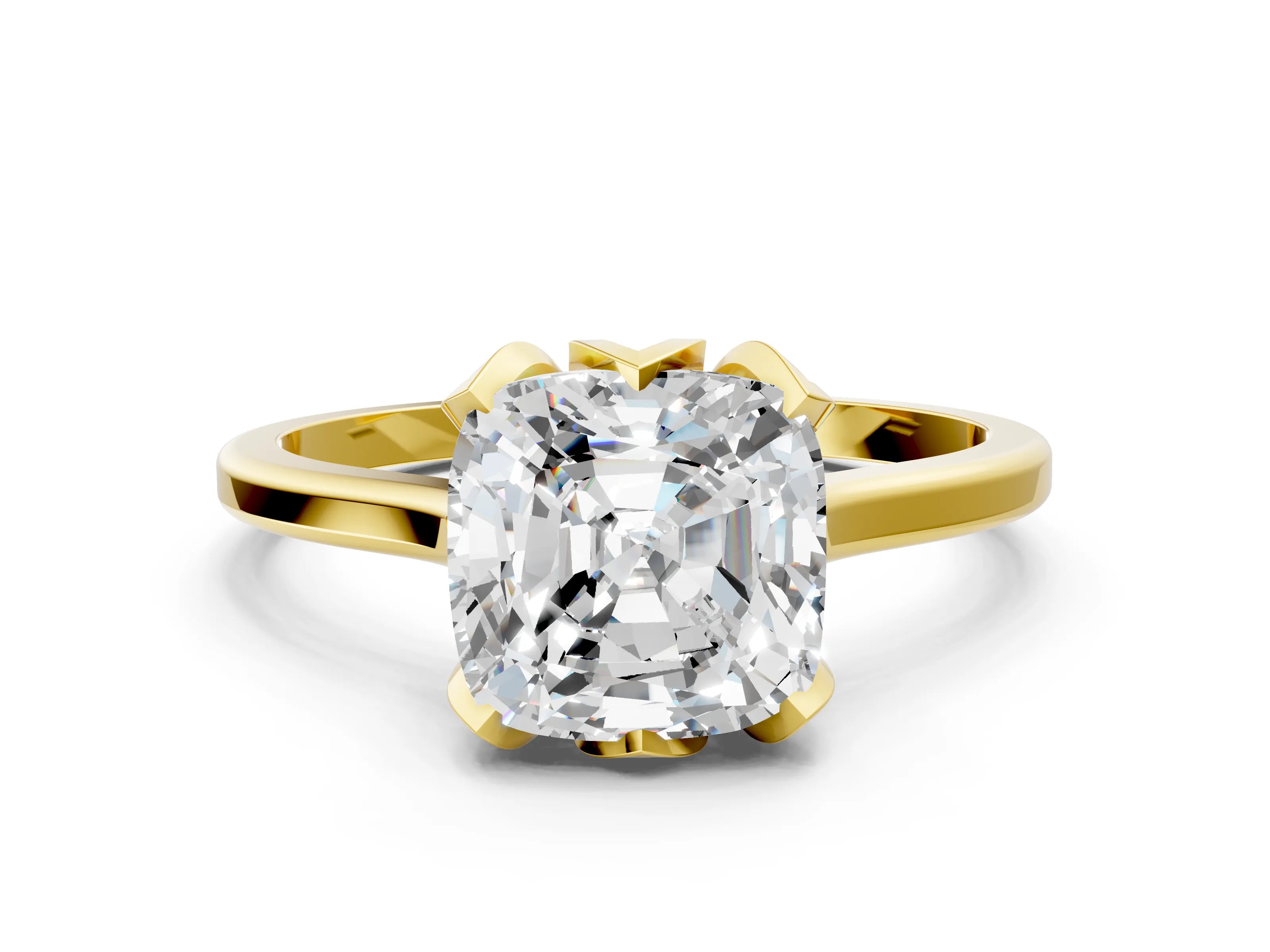Yellow gold Cushion Cut Diamond Solitaire Ring with Flower Prong Setting and Classic Band_186