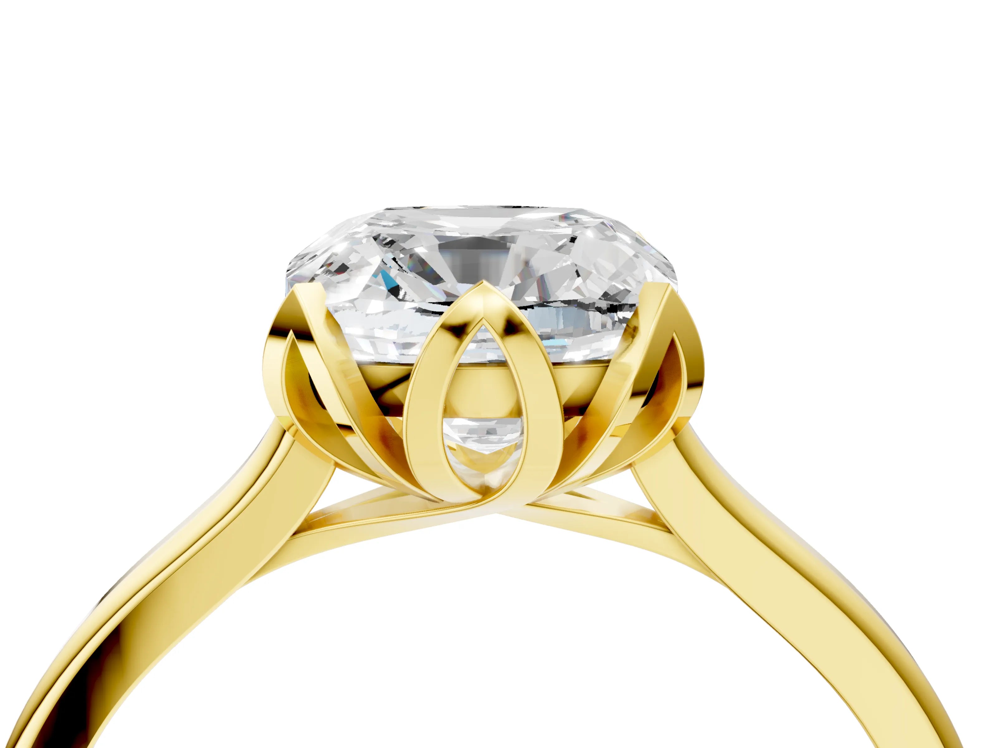 Yellow gold Cushion Cut Diamond Solitaire Ring with Flower Prong Setting and Classic Band_190